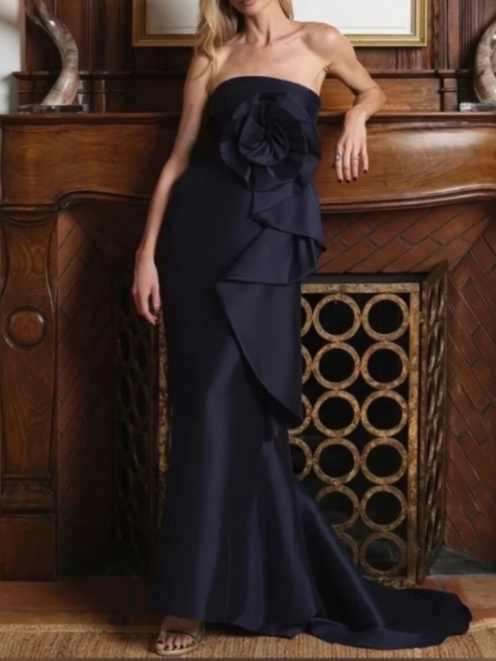 Muse by Marchesa Mikado 3D Rosette Running Side Ruffle Fit And Flare Gown Size12